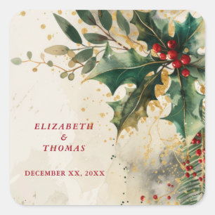 Elegante Hochzeits-Weihnachtsfeier Stechpalme & Ef Quadratischer Aufkleber