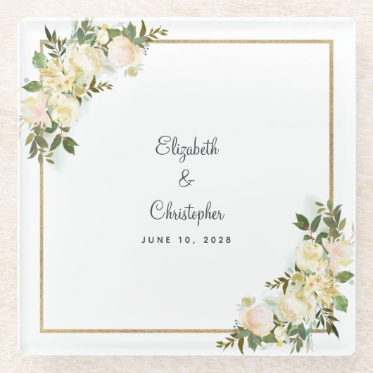 Elegante Hochzeitsbride & Groom Rose Weiß Glasuntersetzer (Vorderseite)