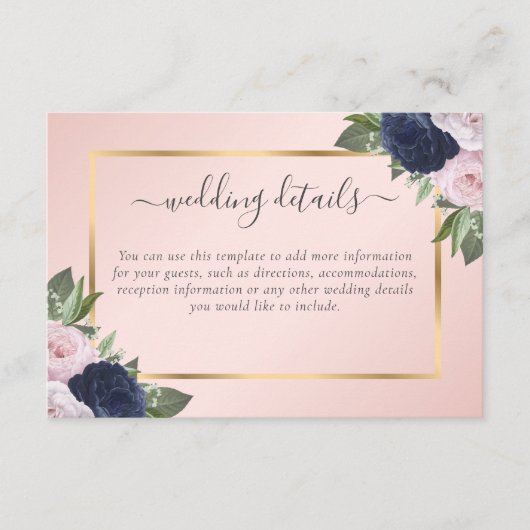 Elegante Hochzeitsdetails der Blue Blush Floral Begleitkarte (Vorderseite)