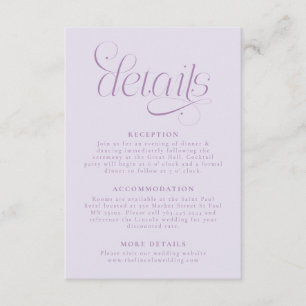 Elegante Hochzeitsdetails Flieder Begleitkarte
