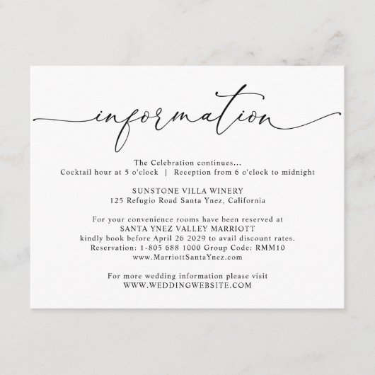 Elegante Hochzeitsdetails, Hochzeitsinformationen Begleitkarte (Vorderseite)