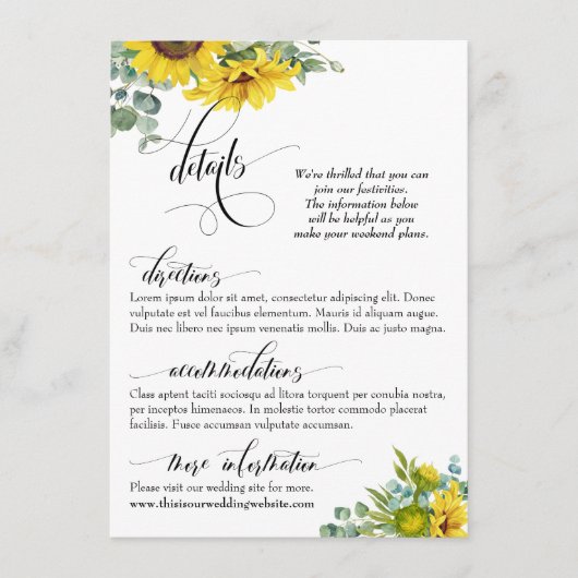 Elegante Hochzeitsdetails, Sonnenblumen und Eukaly Begleitkarte (Vorderseite)