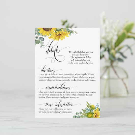Elegante Hochzeitsdetails, Sonnenblumen und Eukaly Begleitkarte (Stehend Vorderseite)