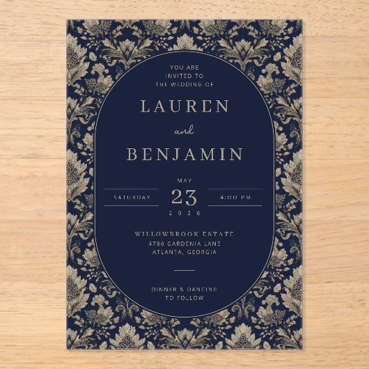 Elegante Hochzeitseinladung in Gold und Marineblau Acryleinladungen (Vorderseite)