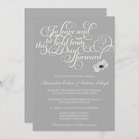 Elegante Hochzeitseinladung mit Anemone, grau Einladung (Vorne/Hinten)