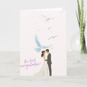 Elegante Hochzeitseinladung mit Brautpaar & Tauben Karte