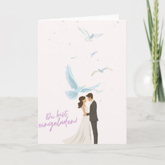 Elegante Hochzeitseinladung mit Brautpaar & Tauben Karte
