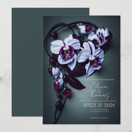 Elegante Hochzeitseinladung mit Dark Lila Orchid Einladung (Vorne/Hinten)
