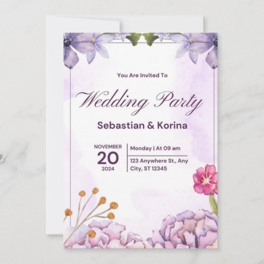 Elegante Hochzeitseinladung mit violetten Blumen Einladung (Vorderseite)