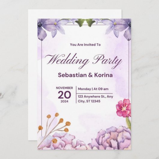 Elegante Hochzeitseinladung mit violetten Blumen Einladung (Vorne/Hinten)