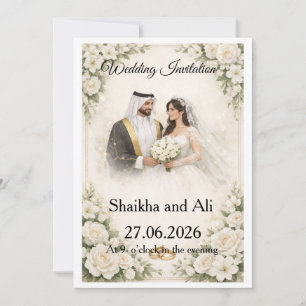 Elegante Hochzeitseinladung mit weißen Blumen und Einladung