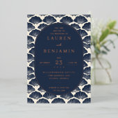 Elegante Hochzeitseinladung Navy Seashell Folieneinladung (Stehend vorne)