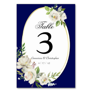 Elegante Hochzeitsempfehlung mit Blauer Flora Tischnummer