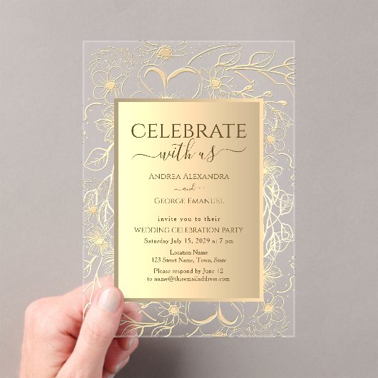Elegante Hochzeitsempfehlung mit Gold Acryleinladungen (Insitu (Handheld))