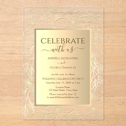 Elegante Hochzeitsempfehlung mit Gold Acryleinladungen (Vorderseite)