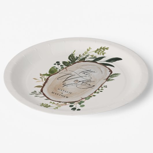 Elegante Hochzeitsfeier im botanischen Grünen Pappteller (Schrägansicht)