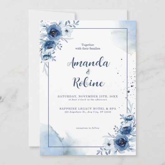 Elegante Hochzeitsfeier in Blauer Flora Einladung (Vorderseite)