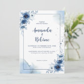 Elegante Hochzeitsfeier in Blauer Flora Einladung (Stehend Vorderseite)