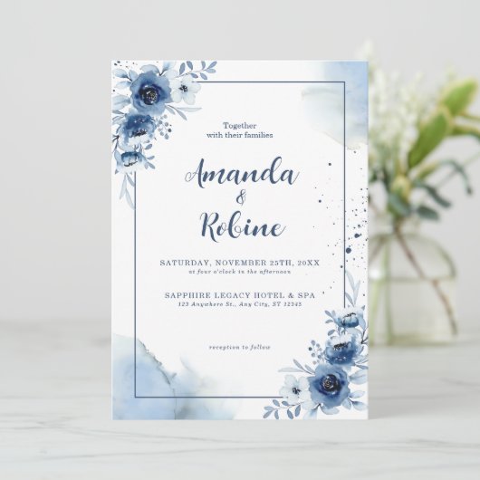 Elegante Hochzeitsfeier in Blauer Flora Einladung (Stehend Vorderseite)