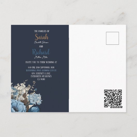 Elegante Hochzeitsfeier in Blauer Flora Postkarte (Rückseite)