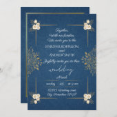 Elegante Hochzeitsfeier in Blue & Gold Einladung (Vorne/Hinten)