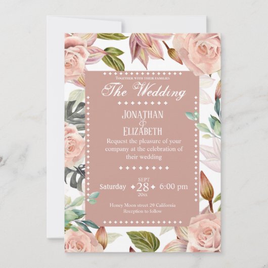 Elegante Hochzeitsfeier mit Blumen - Rose Einladung (Vorderseite)