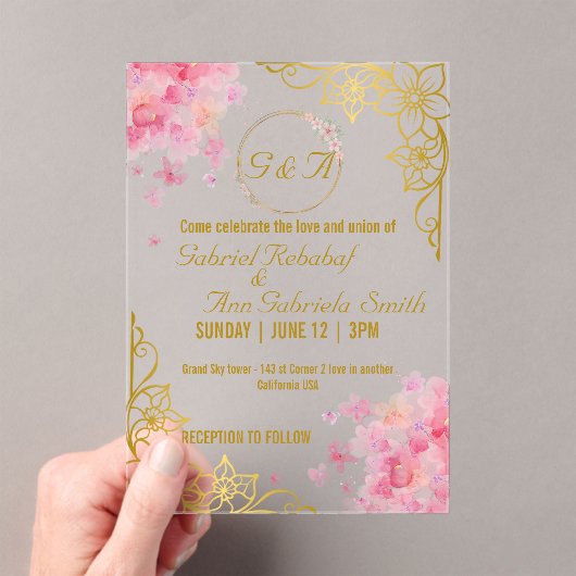 Elegante Hochzeitsfeier mit Gold und Rosa Acryleinladungen (Insitu (Handheld))