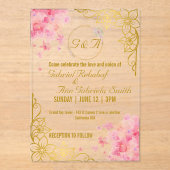 Elegante Hochzeitsfeier mit Gold und Rosa Acryleinladungen (Vorderseite)