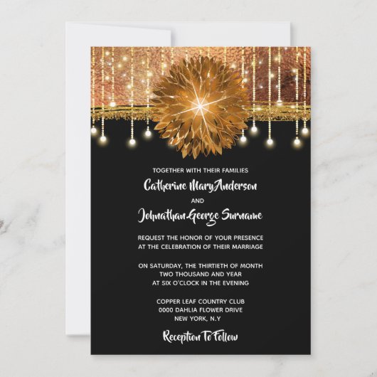 Elegante Hochzeitsfeier mit schwarzem Gold Einladung (Vorderseite)