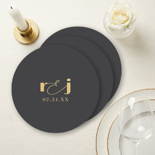 Elegante Hochzeitsinitialen Matt Schwarz Gold ID13 Runder Pappuntersetzer