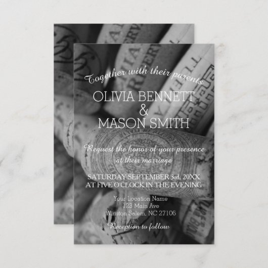 Elegante Hochzeitskarte für Schwarz-Weiß-Wein Einladung (Vorne/Hinten)