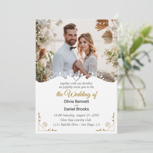 Elegante Hochzeitskarte mit Foto Einladung (Stehend Vorderseite)