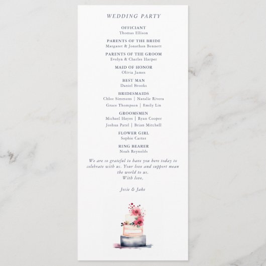 Elegante Hochzeitskarte mit Party-Watercolor Cake Programm (Rückseite)