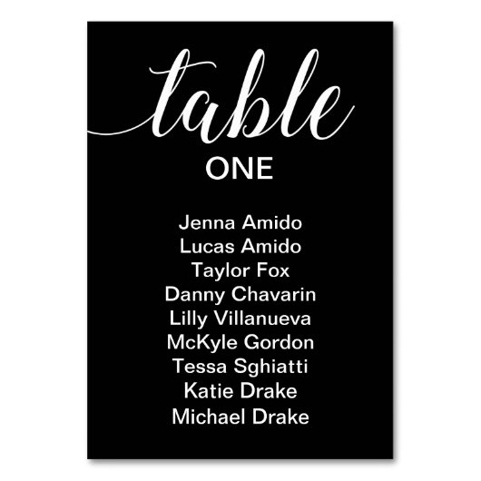 Elegante Hochzeitskartentafel weiß auf schwarz Tischnummer (Vorderseite)