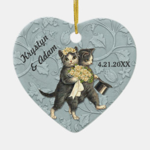 Elegante Hochzeitskatzen in Blau Keramik Ornament