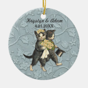 Elegante Hochzeitskatzen in Blau Keramikornament