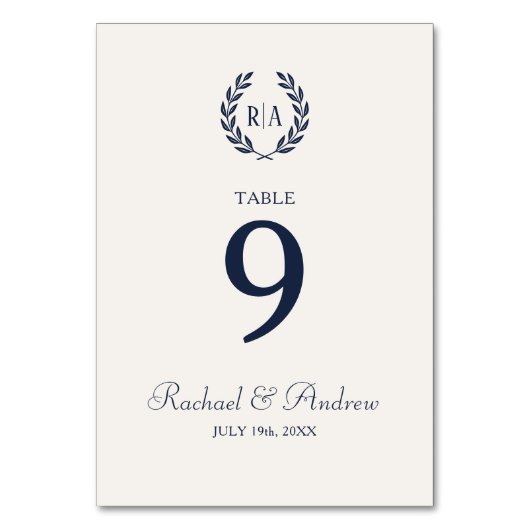 Elegante Hochzeitskranz Monogram Navy Cream Tischnummer (Rückseite)