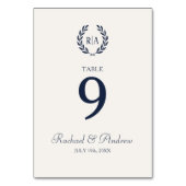 Elegante Hochzeitskranz Monogram Navy Cream Tischnummer (Vorderseite)