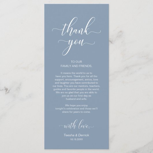 Elegante Hochzeitsplatteinstellung Dankeschön Kart Programm (Vorderseite)