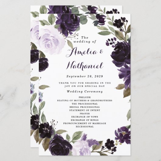 Elegante Hochzeitsprogramme für Lila goldene Pflan (Vorne/Hinten)