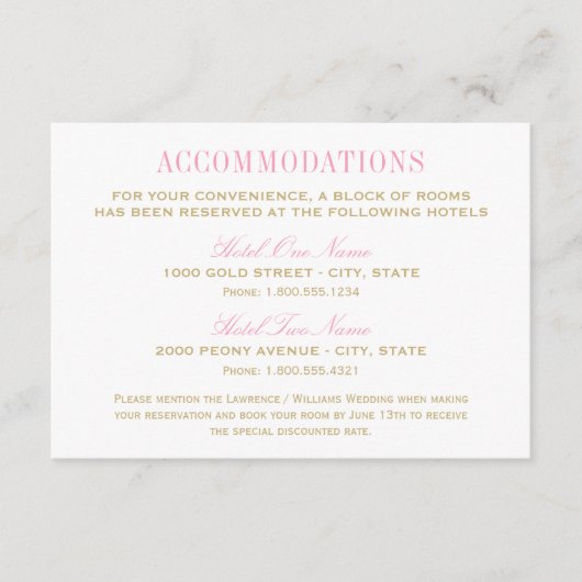 Elegante Hochzeitsrosa Gold Unterkünfte Begleitkarte (Vorderseite)