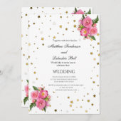 Elegante Hochzeitsrosa Rosen, goldene Sterne weiß Einladung (Vorne/Hinten)