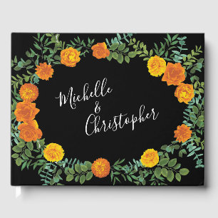Elegante Hochzeitsschwarz und orange Rose Gästebuch