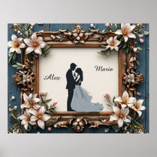 Elegante Hochzeitssilhouette in ornamental gerahmt Poster