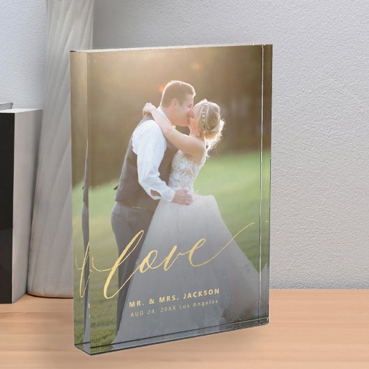 Elegante Hochzeitsskripte Liebe Goldschrift Mr. un Fotoblock