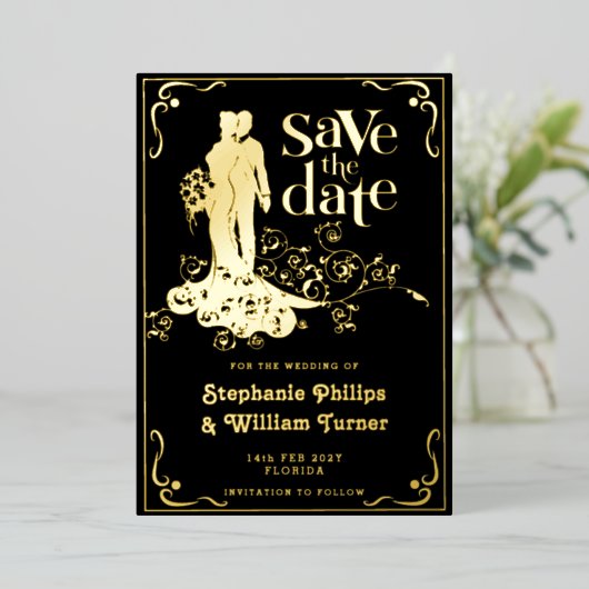 Elegante Hochzeitsstiftung Save the Date Folieneinladung (Stehend vorne)