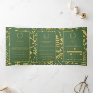Elegante Hochzeitssuite mit Gold & Green Floral Wr Dreifach Gefaltete Einladung