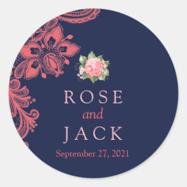 Elegante Hochzeitsticker für Navy & Coral Lace Runder Aufkleber