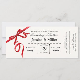 Elegante Hochzeitsticket-Einladung mit rotem Band Einladung