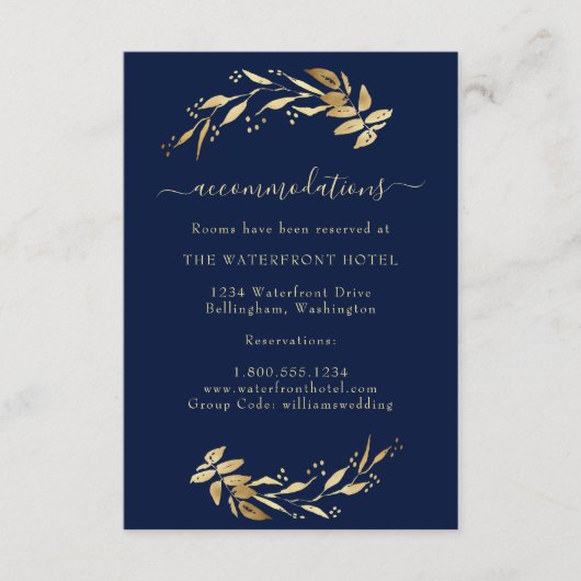 Elegante Hochzeitsunterkünfte in Blue Gold Begleitkarte (Vorderseite)